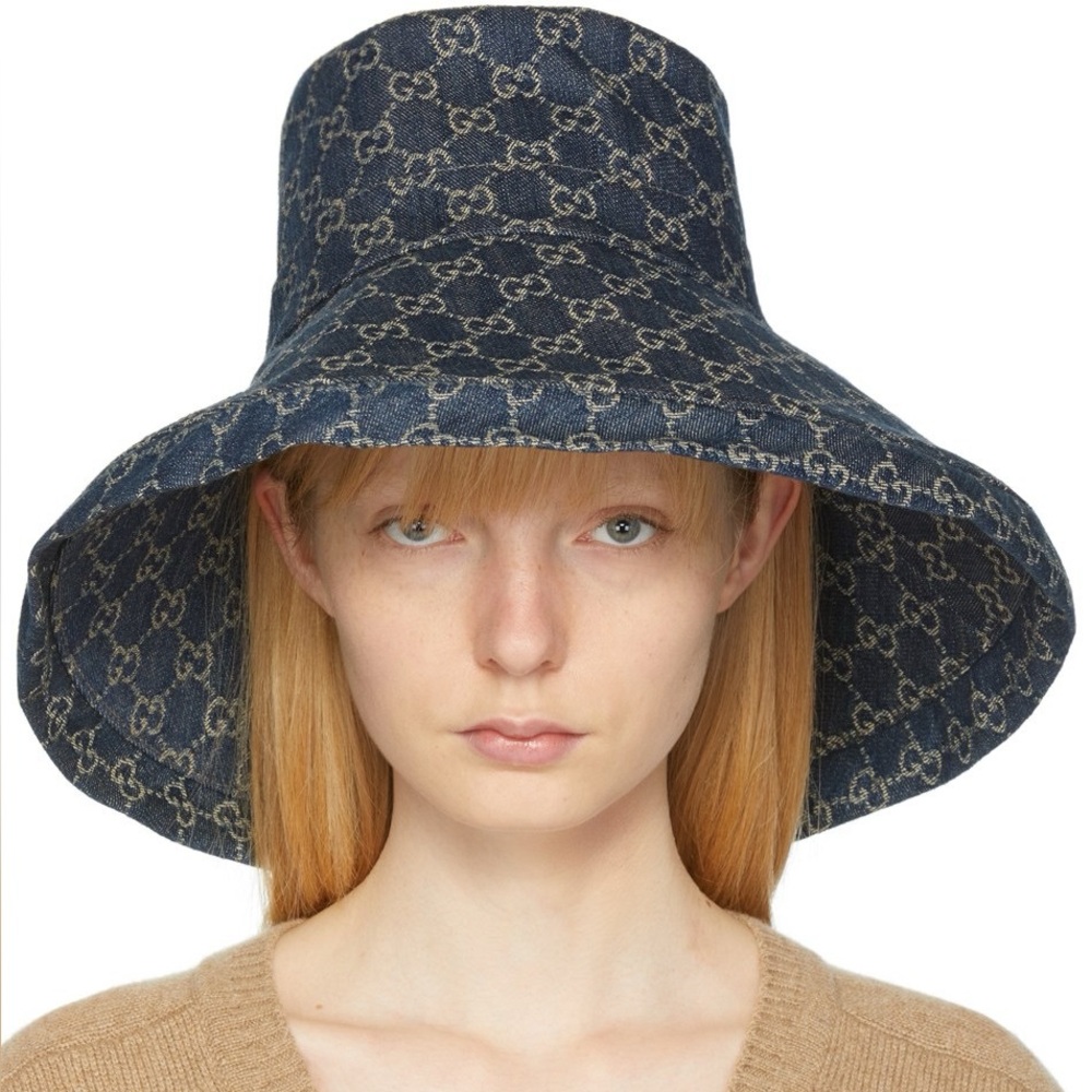 Navy Blue Jacquard Denim Monogram Wide Large Brim Bucket Hat Beach New Sun Cover - Picture 7 of 15